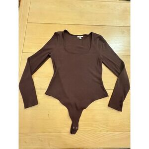 Bar III Ribbed Long Sleeve Bodysuit Women XL Brown Square Neck Minimalist Layers